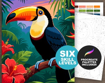 Tukan Vogel Digitales Malen nach Zahlen Set: Erwachsene Malseiten für Procreate, druckbar (6 Schwierigkeitsstufen)