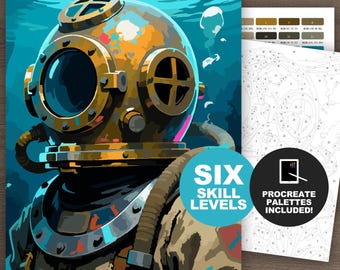Paint by Number Kit Deep Sea Diver: Vintage Diving Helmet Printable & Procreate Adult Coloring Pages, Underwater Art (6 Skill Levels)