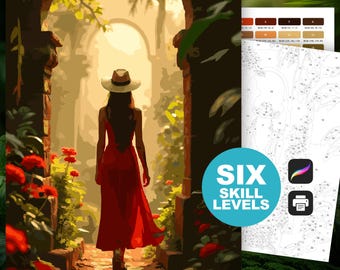 Color by Number Exotic Travel (6 Skill Level): Paint by Number Printable Digital Download, Wanderlust, Floral Coloring, Traveler Woman
