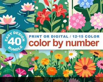 Easy Flowers Color by Number Bundle: 40 Anfänger mit Ausmalseiten, Blumenmuster für Gartenfans (Printable & Procreate Kompatibel)