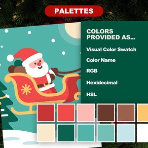 Easy Christmas 40 Design Color by Number Bundle showing Santa in sleigh and example color palette with swatches, RGB, HEX, and HSL values included.