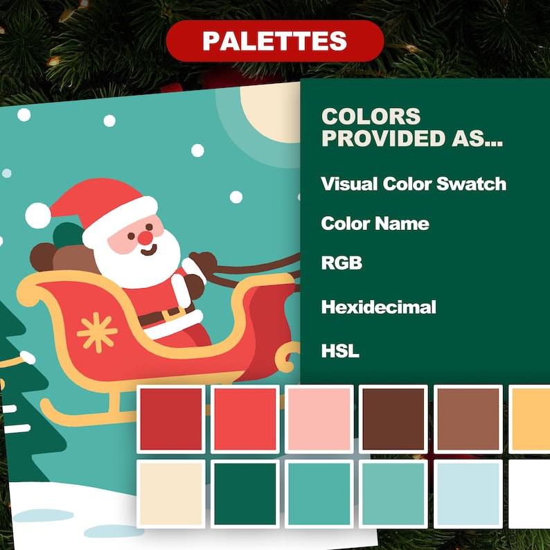 Easy Christmas 40 Design Color by Number Bundle showing Santa in sleigh and example color palette with swatches, RGB, HEX, and HSL values included.