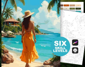 Color by Number Beach Scene (6 Skill Levels): Paint by Number Printable Digital Download, Wanderlust, Tropical Resort, Traveler Woman