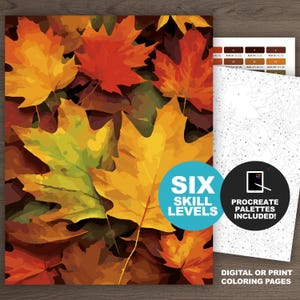 Autumn Leaves Color by Number: Fall Coloring Page Printable, Nature, Leaf, Digital Download, Procreate (6 Skill Levels)