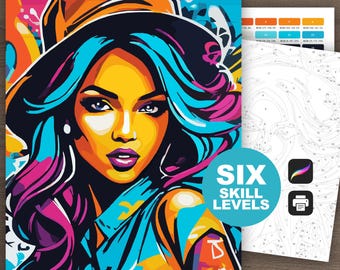 Farbe nach Zahl Graffiti Mädchen Frau Porträt Malen nach Zahlen Bunte Urban Street Art Druckbare Digitaler Download (6 Schwierigkeitsstufen)