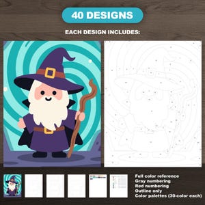 Example from Easy Medieval Fantasy Color by Number bundle showing wizard character. Left side has full-color reference, right side has numbered outline version. Below are smaller previews of color guides and alternate numbered pages.