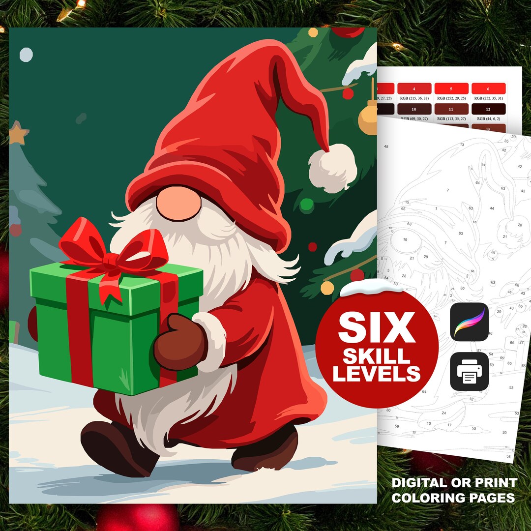 Christmas Gnome Paint by Number Coloring Pages (procreate or Printable ...