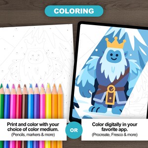 Coloring options from Easy Medieval Fantasy Color by Number bundle. Left shows printed page with pencils, right shows digital version on a tablet in Procreate. Both depict an ice monster with crown and mountain background.