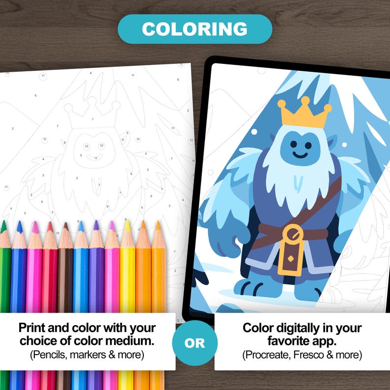 Coloring options from Easy Medieval Fantasy Color by Number bundle. Left shows printed page with pencils, right shows digital version on a tablet in Procreate. Both depict an ice monster with crown and mountain background.
