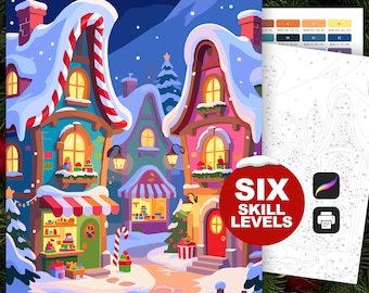 Christmas Village Paint by Number: North Pole Coloring Pages, Procreate and Printable (6 Skill Levels)