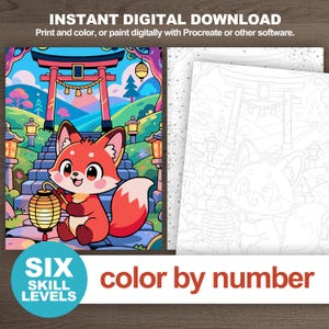 Instant digital download featuring full-color chibi fox artwork with numbered and outline-only Japanese-inspired coloring pages