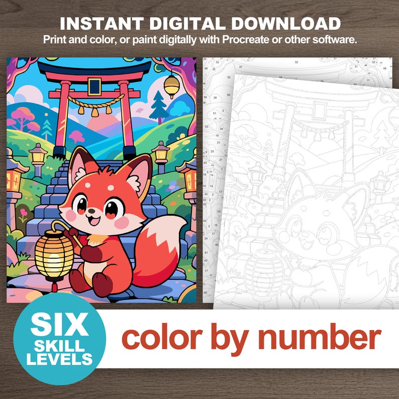 Instant digital download featuring full-color chibi fox artwork with numbered and outline-only Japanese-inspired coloring pages