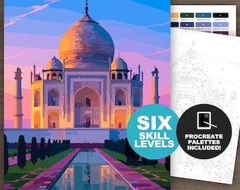 Malen nach Zahlen: Taj Mahal – Ausmalbilder für Erwachsene | Digital, Procreate-fähig und als druckbare PNG-, PDF- oder SVG-Datei