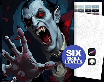 Coloriage vampire gothique peinture à numéros : oeuvre d'art Dracula dark fantasy à imprimer ou à procréer, horreur classique de la saison effrayante (niveaux de compétence 6)