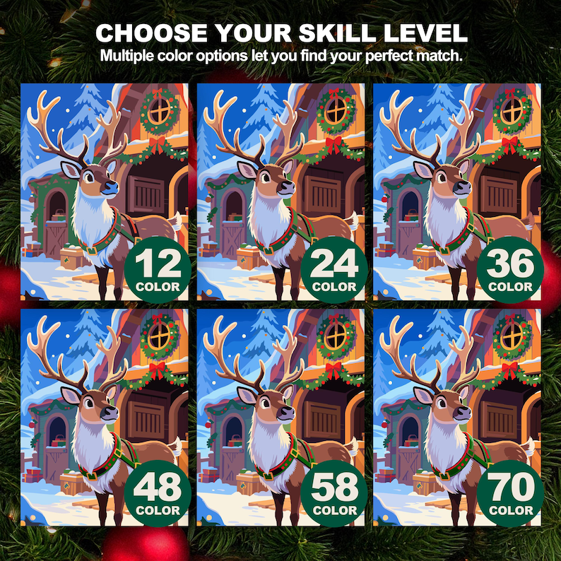 Christmas Reindeer Color by Number set with six versions showing increasing detail levels