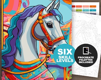 Carousel Horse Paint by Number Kit: Amusement Park Adult Coloring Pages (Procreate, Printable, 6 Skill Levels)