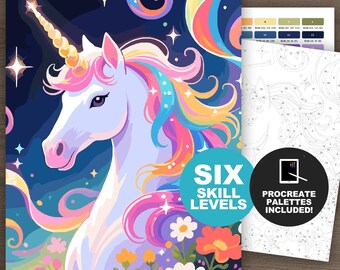 Unicorn Paint by Number: Fantasy Coloring Pages  (Procreate and Printable, 6 Skill Levels)