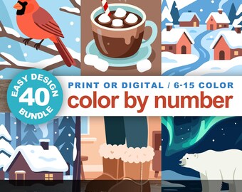 Easy Color by Number Winter Malpaket: 40 verschneite Designs, Printable & Procreate Kompatibel