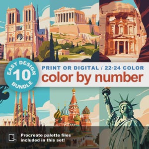 簡単ランドマーク塗り絵キットセット：初心者向け旅行ポスター大人用塗り絵10枚（印刷可能＆Procreate対応）