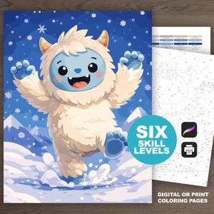Puede incluir: Ilustración caprichosa de un yeti de dibujos animados en un paisaje nevado. El yeti es blanco con rasgos faciales azules y está a medio paso. La imagen incluye el texto "SIX SKILL LEVELS" y "DIGITAL OR PRINT COLORING PAGES".