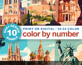 Ensemble de kits de peinture par numéro Easy Landmarks : 10 posters de voyage pour débutants, pages à colorier pour adultes (imprimables et compatibles avec la procréation)