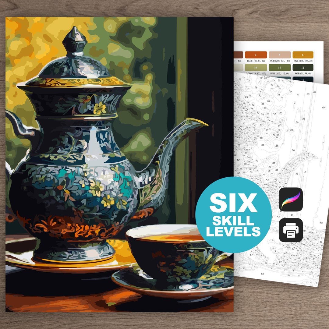 Prinatable Tea Set Teapot Color by Number for Adults Printable Tea Set Coloring Page ...