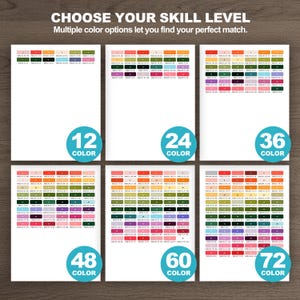 Flower field color palette guides displaying six paint by number color sets from 12 to 72 colors.