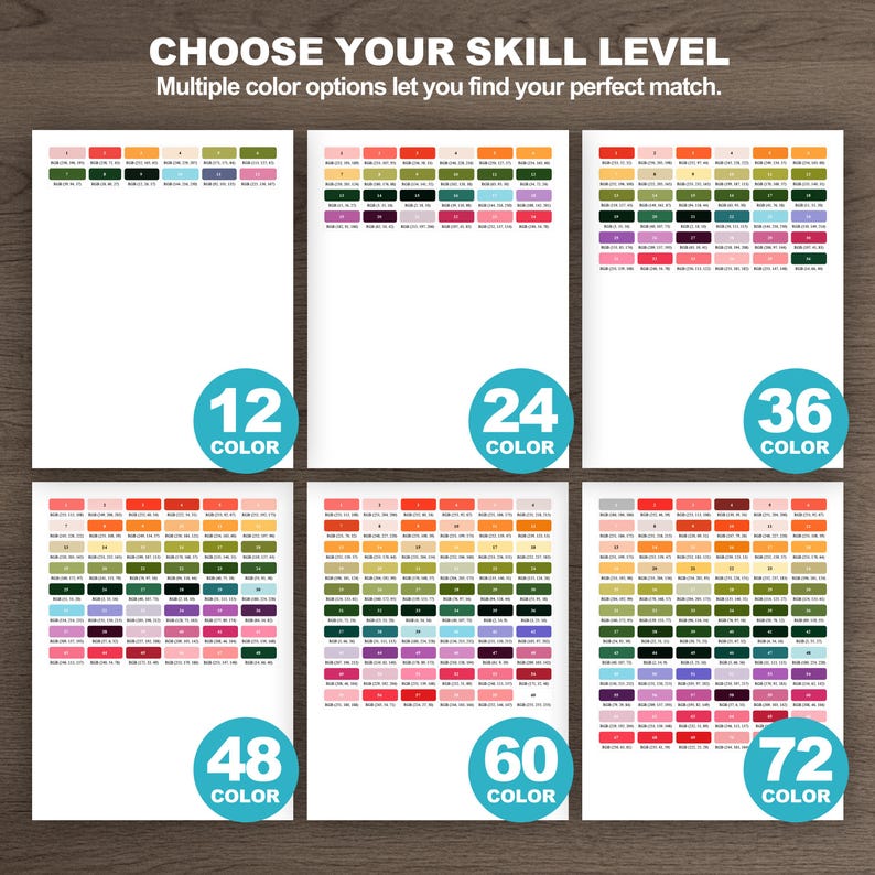 Flower field color palette guides displaying six paint by number color sets from 12 to 72 colors.
