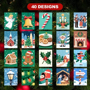 Easy Christmas 40 Design Color by Number Bundle showing 20 festive designs including angel, bell, candy cane, candles, caroling, church, city, elf, gingerbread, holly, nativity, and North Pole.
