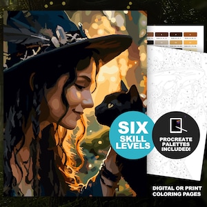 Halloween Witch and Black Cat Paint by Number Kit: Procreate & Printable Halloween Coloring Pages, 6 Skill Levels, Spooky Season