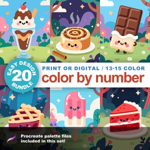 Cute Desserts: 20 Easy Paint by Number Kawaii Coloring Pages with Cute Sweets, Cakes, Candy, Ice Cream (Printable and Procreate Compatible)