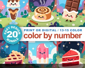 Süße Desserts: 20 Einfache Malen nach Zahlen Kawaii Malseiten mit süßen Süßigkeiten, Kuchen, Eiscreme (Printable und Procreate)