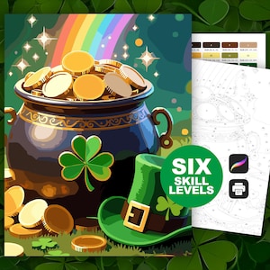 Puede incluir: Ilustración de una olla de monedas de oro con un arcoíris, un trébol y un sombrero verde de duende. La imagen incluye una guía de pintar por números con el texto "SIX SKILL LEVELS".