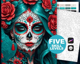 Sugar Skull Color by Number for Adults, Printable Coloring Page Digital Download, Day of the Dead Sugar Skull Art, Dia de los Muertos