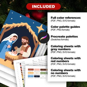 Easy Christmas 40 Design Color by Number Bundle featuring nativity design, palette guides, Procreate pallete swatches, and coloring sheets with gray numbers, red numbers, or no numbers included.