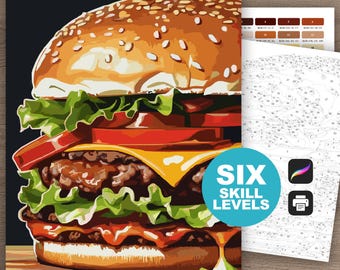 Color by Number for Adults Printable Cheeseburger Coloring Page Digital Download Burger Coloring Sheet Kitchen Scene Relaxing Procreate