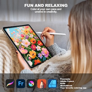 Woman coloring a vibrant flower field paint by number design digitally on a tablet using a stylus.