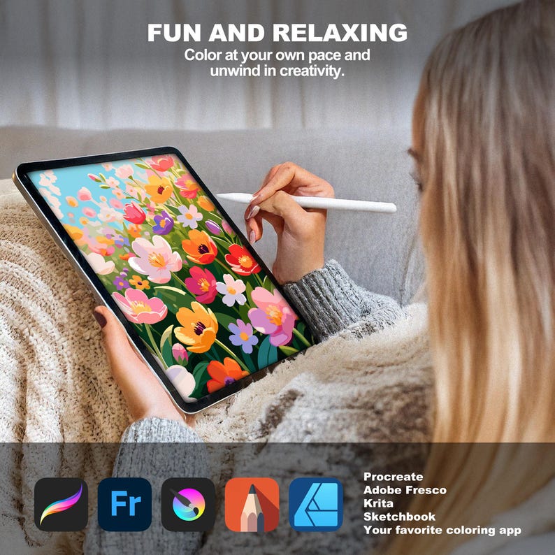 Woman coloring a vibrant flower field paint by number design digitally on a tablet using a stylus.