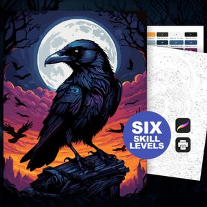 Color by Number Raven: Spooky Halloween Paint by Numbers Printable Gothic Bird Coloring Page with 6 Difficulty Levels, Full Moon Night Scene
