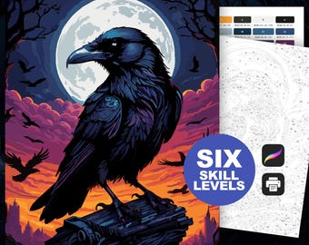 Color by Number Raven: Spooky Halloween Paint by Numbers Printable Gothic Bird Coloring Page with 6 Difficulty Levels, Full Moon Night Scene