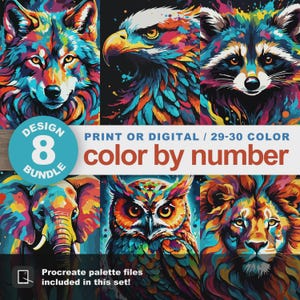 Set di 8 pagine da colorare digitali per adulti con animali, da colorare con i numeri, per dipingere la fauna selvatica con i numeri, per Procreate. Un'esperienza rilassante da colorare con i numeri.