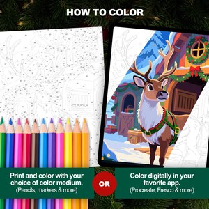 Christmas Reindeer Color by Number pages showing print coloring sheet and digital tablet version