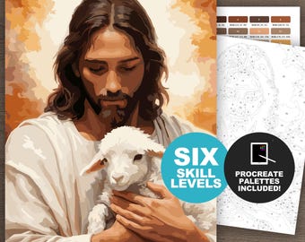 Jesus Farbe nach Zahl Digital oder Printable – Lost Lamb Christian Malseite | Religiöses Osterfest Digitale Kunst für Erwachsene (6 Schwierigkeitsstufen)