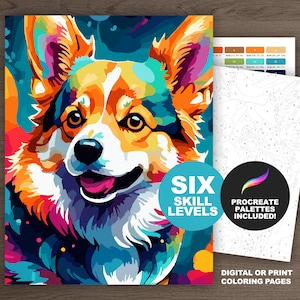 Welsh Corgi Dog Paint by Number Kit: Dog Portrait Adult Coloring Pages, Printable Procreate Color by Number (6 Skill Levels)