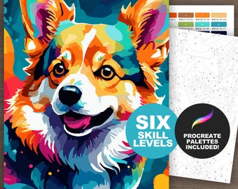 Welsh Corgi Dog Paint by Number Kit: Dog Portrait Adult Coloring Pages, Printable Procreate Color by Number (6 Skill Levels)