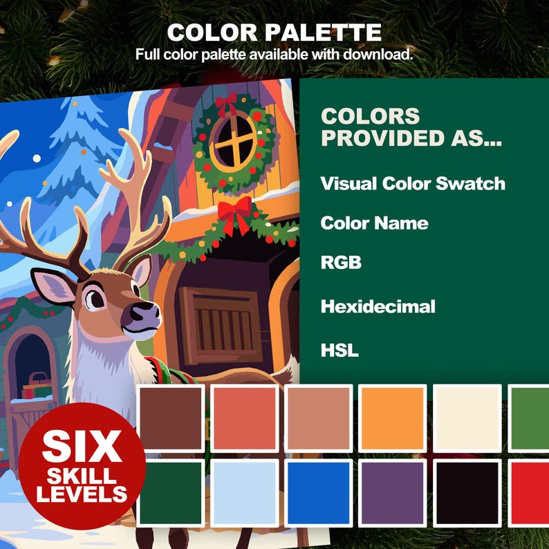 Christmas Reindeer Color by Number palette with swatches and color information formats