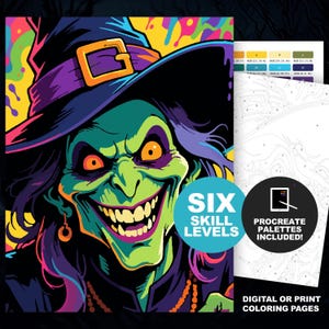 Halloween Witch Digital Paint by Number Kit: Vintage Halloween Printable & Procreate Adult Coloring Pages (6 Skill Levels)