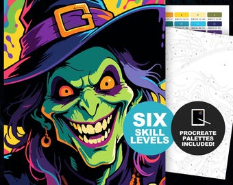 Digitales Malen-nach-Zahlen-Set „Hexen-Halloween“: Vintage-Halloween-Vorlage zum Ausdrucken und für Procreate (6 Schwierigkeitsstufen)