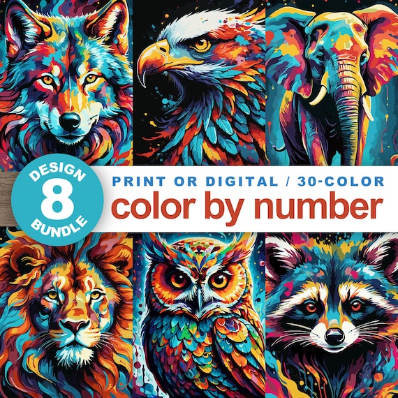 Printable Color by Number Adult Animal Bundle Set of 8 Digital Coloring Pages Wildlife Paint by Number Procreate Relaxing Color by Number