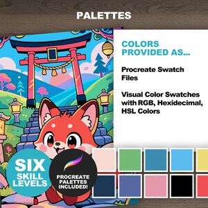 Procreate palettes and visual color swatches for kawaii fox artwork with RGB, hexadecimal, and HSL color information